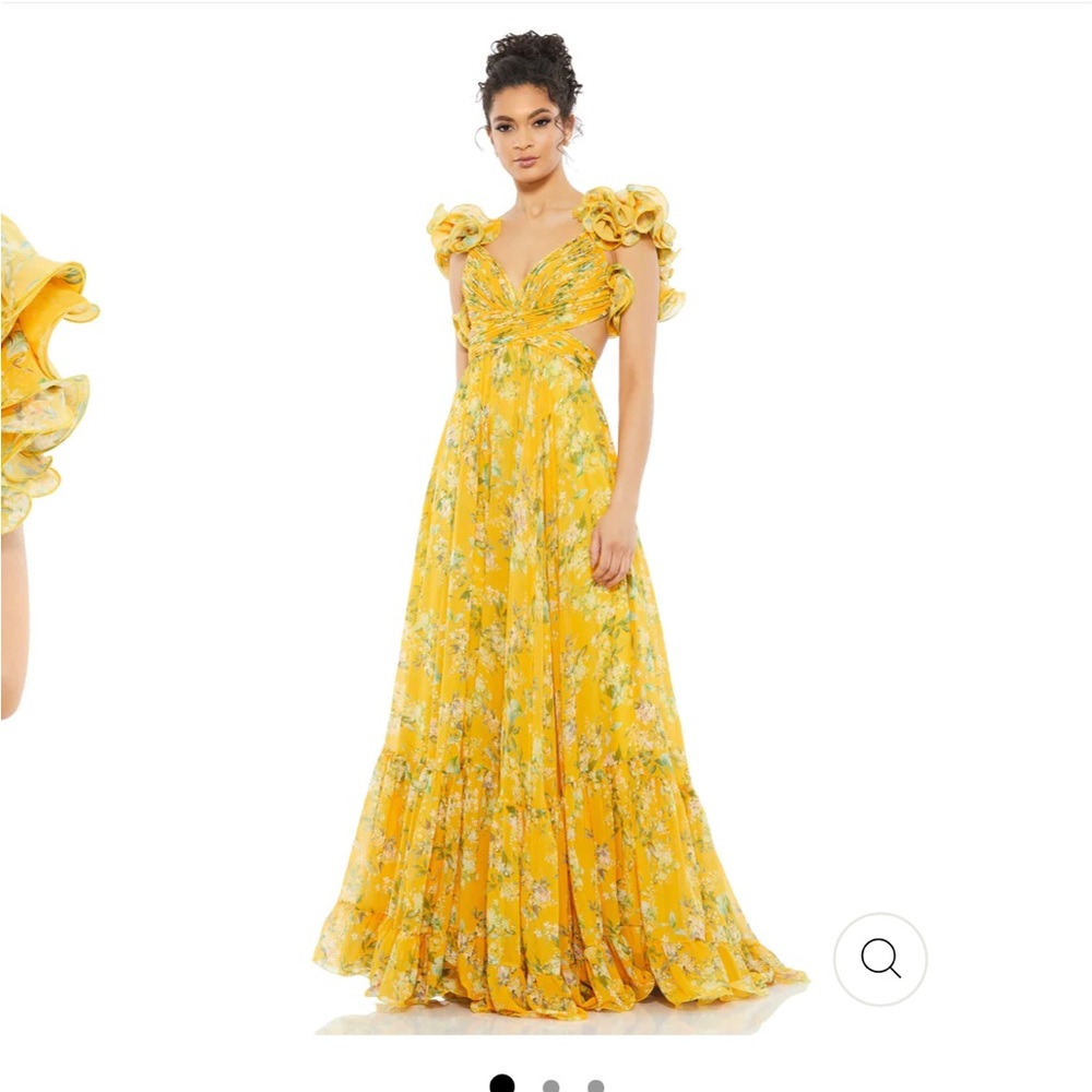 Mac Duggal yellow ruffle tiered floral cut out gown